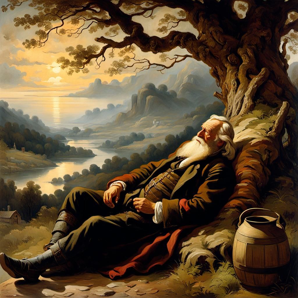 Rip Van Winkle Asleep, Golden Age Landscape Painting