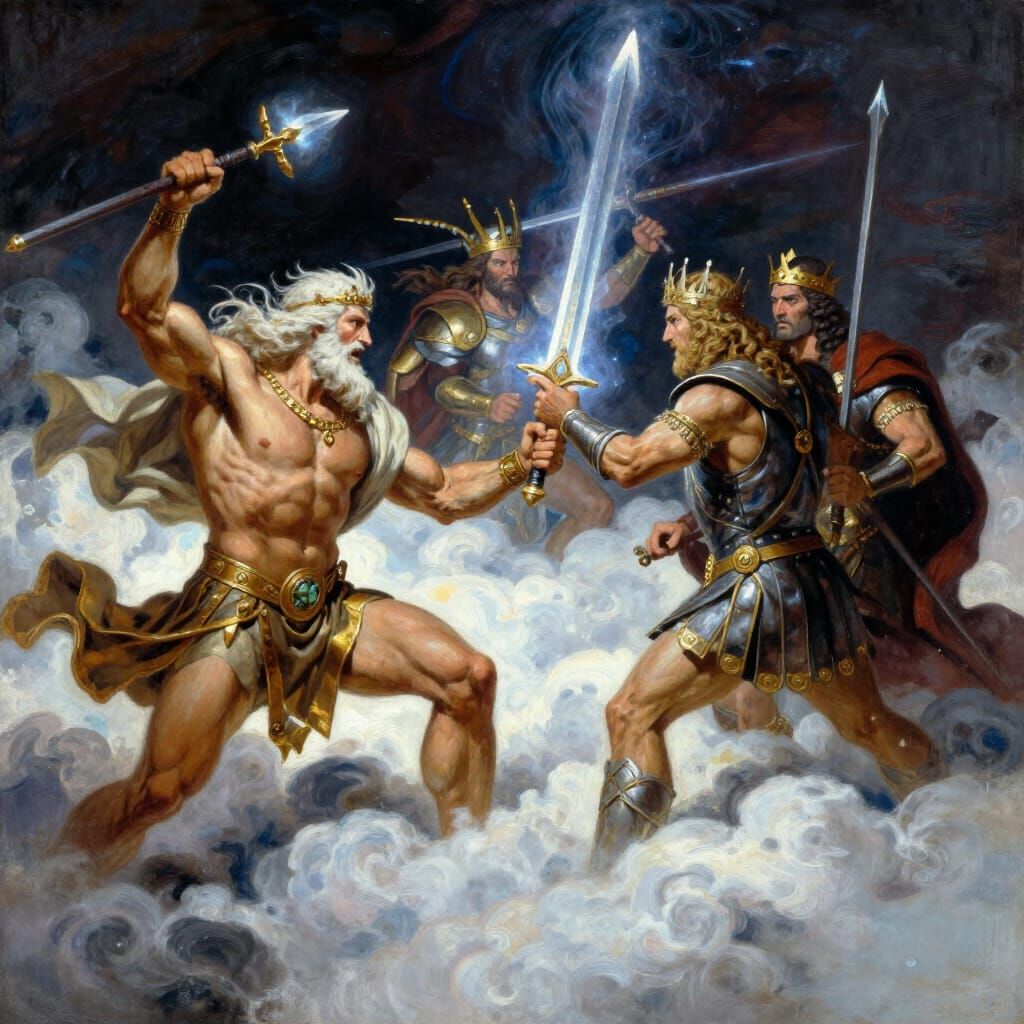 Mythological Gods Battle King Arthur on Mount Olympus