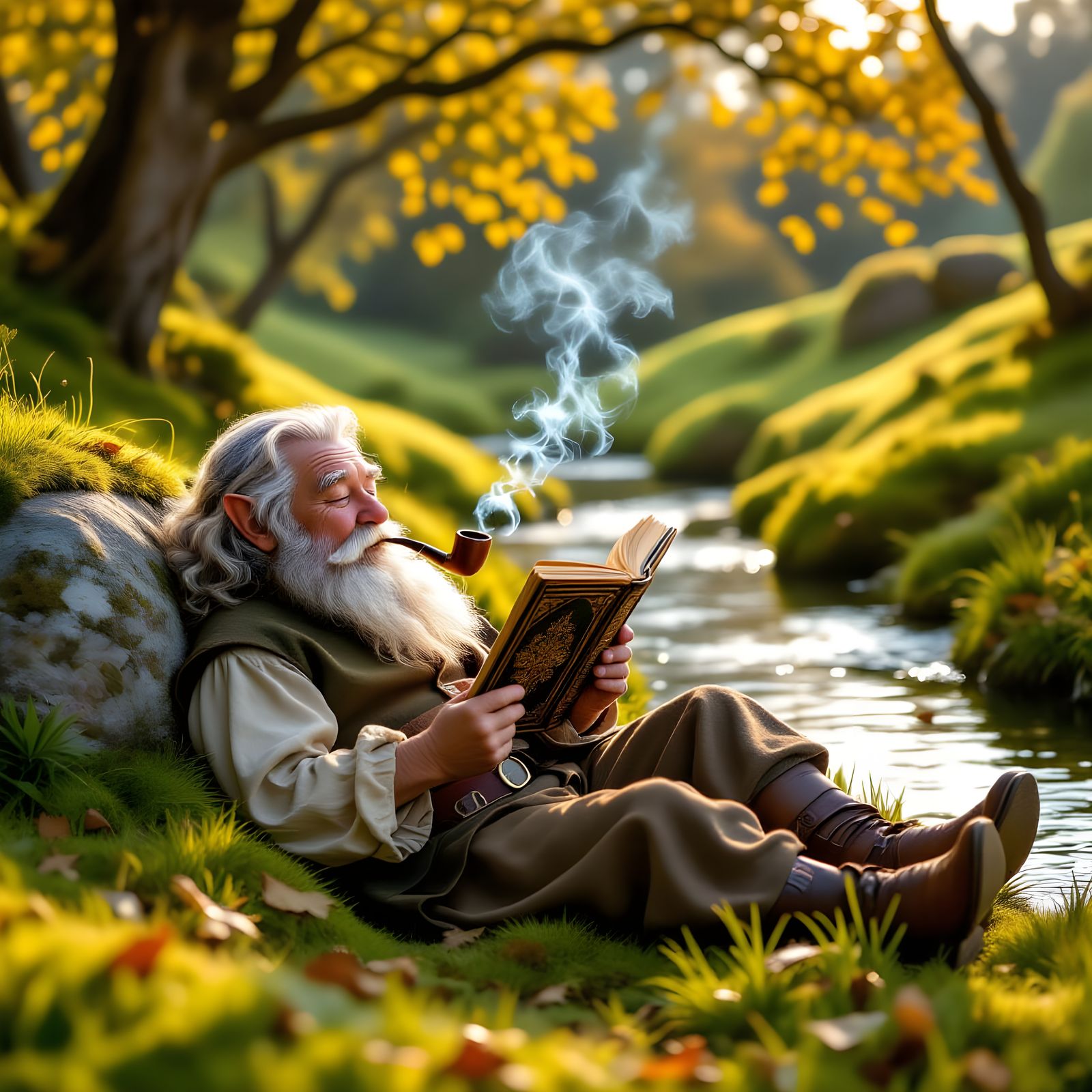 Hobbit Reading by Stream in The Shire
