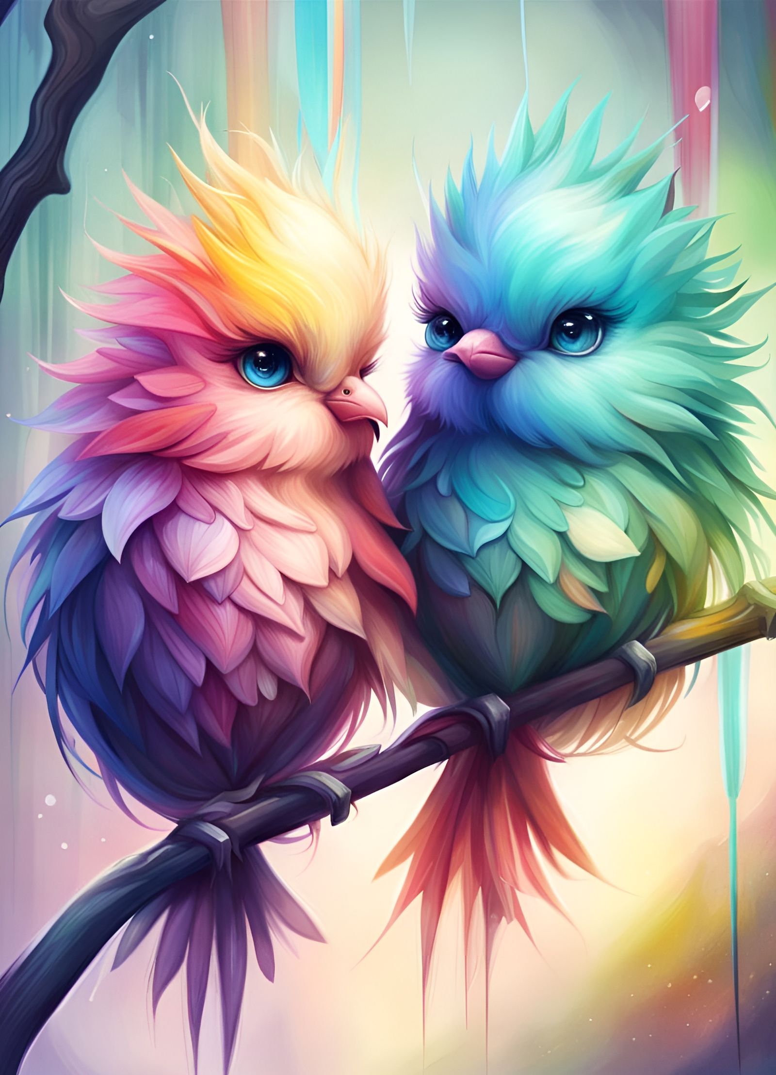 Rainbow Birds Kissing in Fantasy Forest Painting