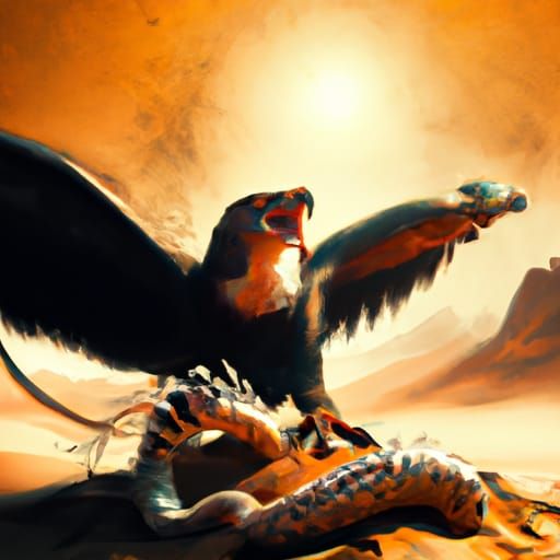 Eagle Attacks Cobra in Melting Oil on Canvas Style