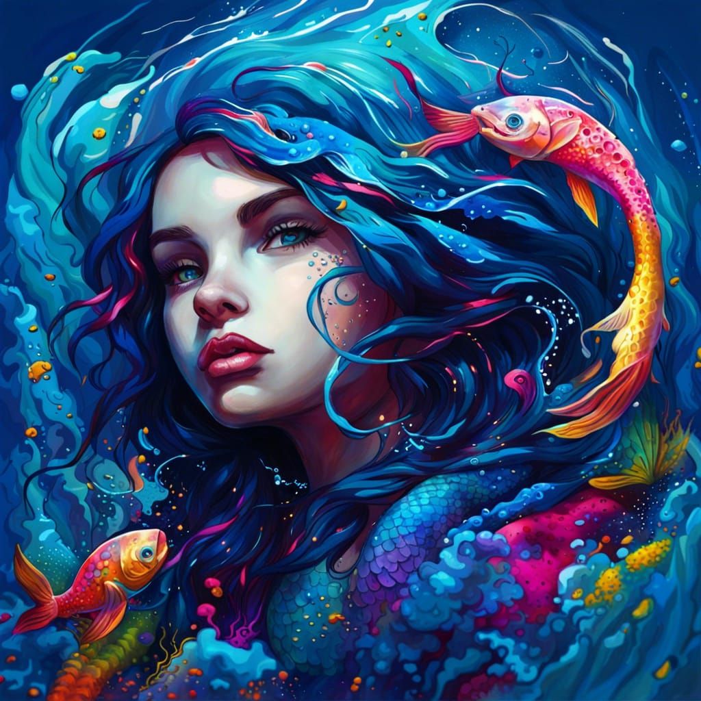 Atargatis Mermaid in Deep Blue Ocean: Graffiti Art