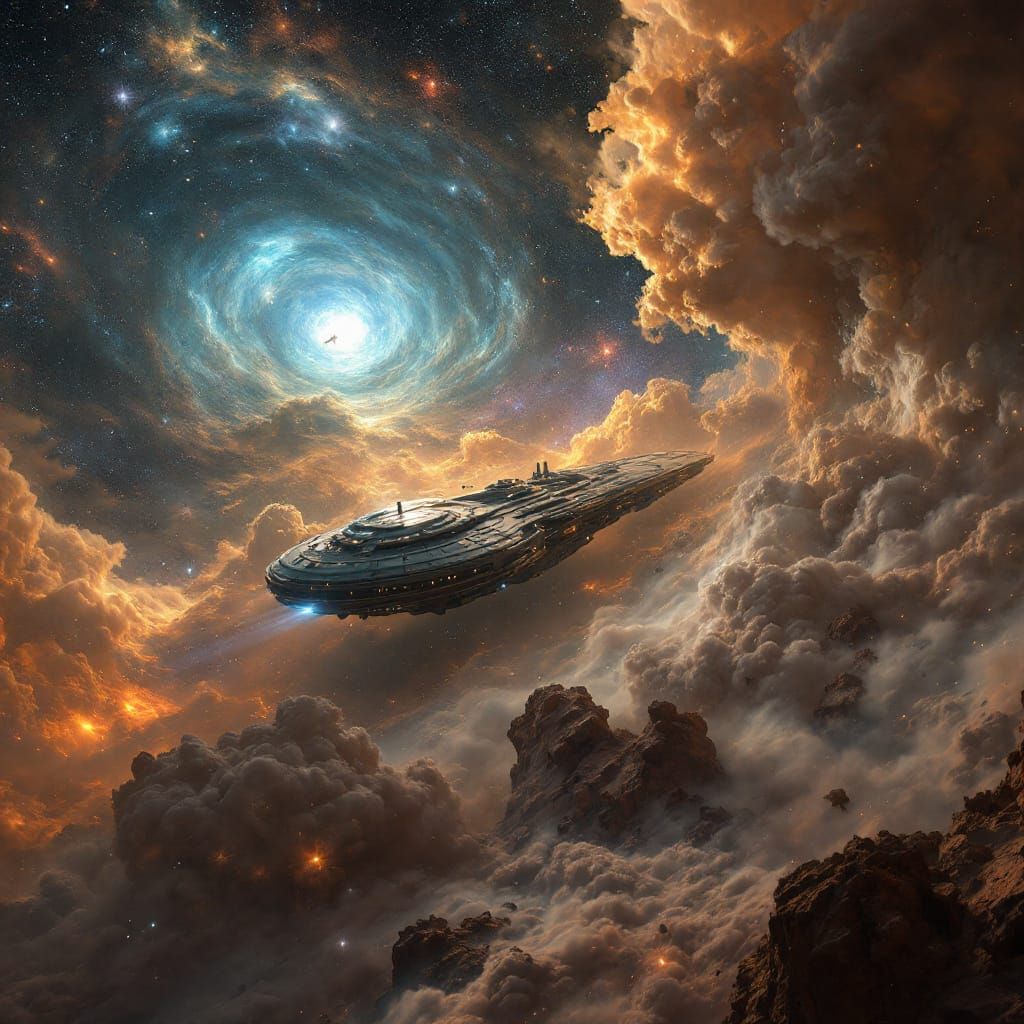 Galaxy Nebula with Colossal Spaceship in Cosmic Dust