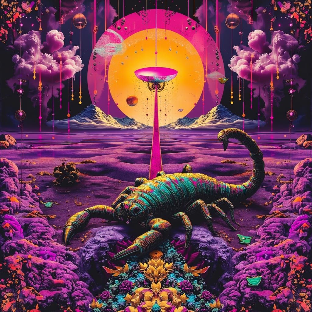 Ethereal Desert Encounter: Scorpion Meets Alien in Vibrant H...
