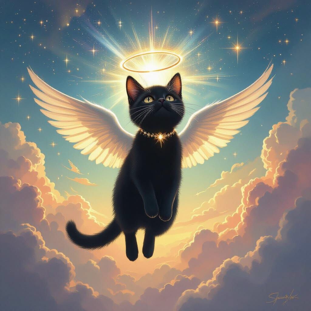 Winged Black Cat Ascends to Heaven in Dreamy Style