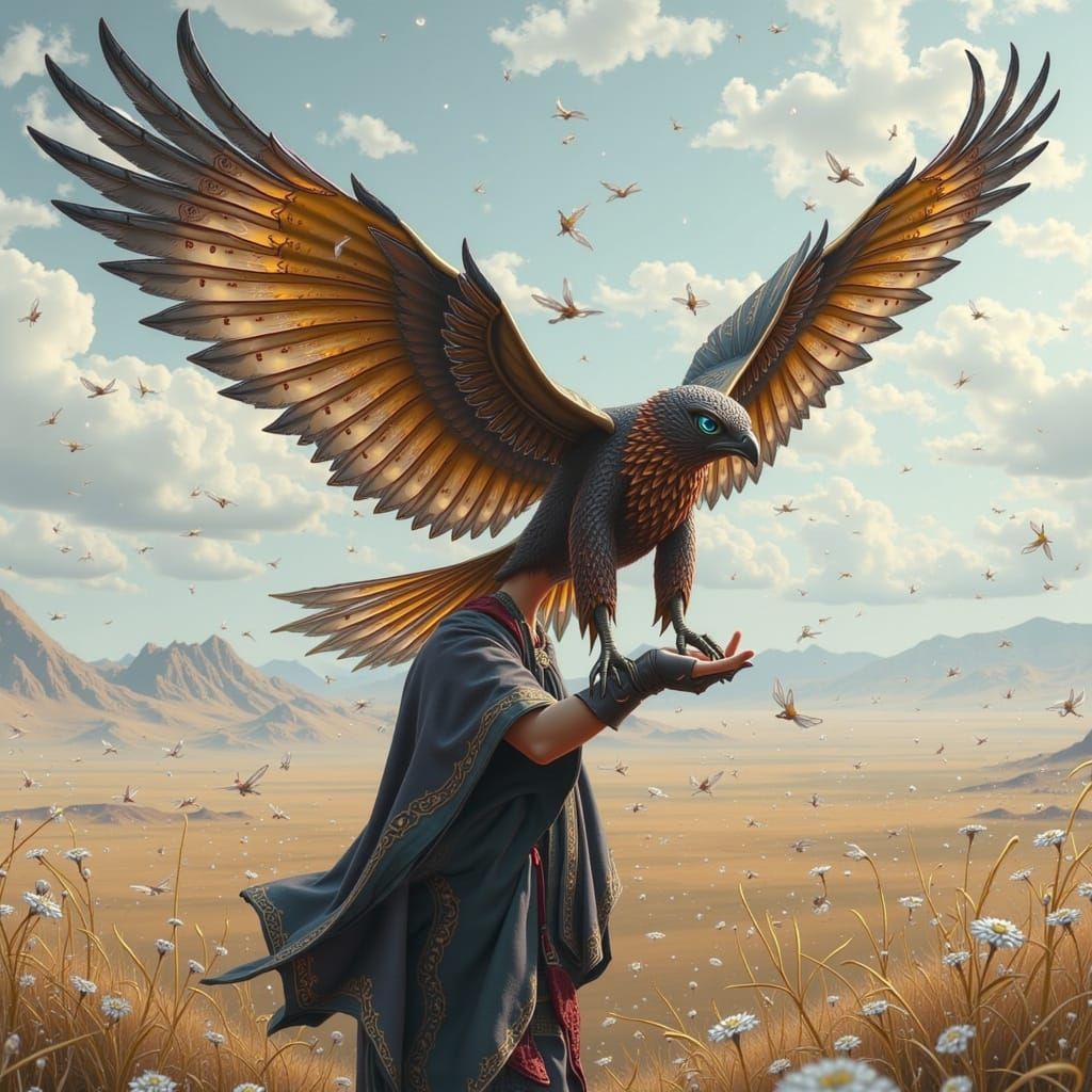 Falcon Landing on Falconer's Arm in Surreal Landscape