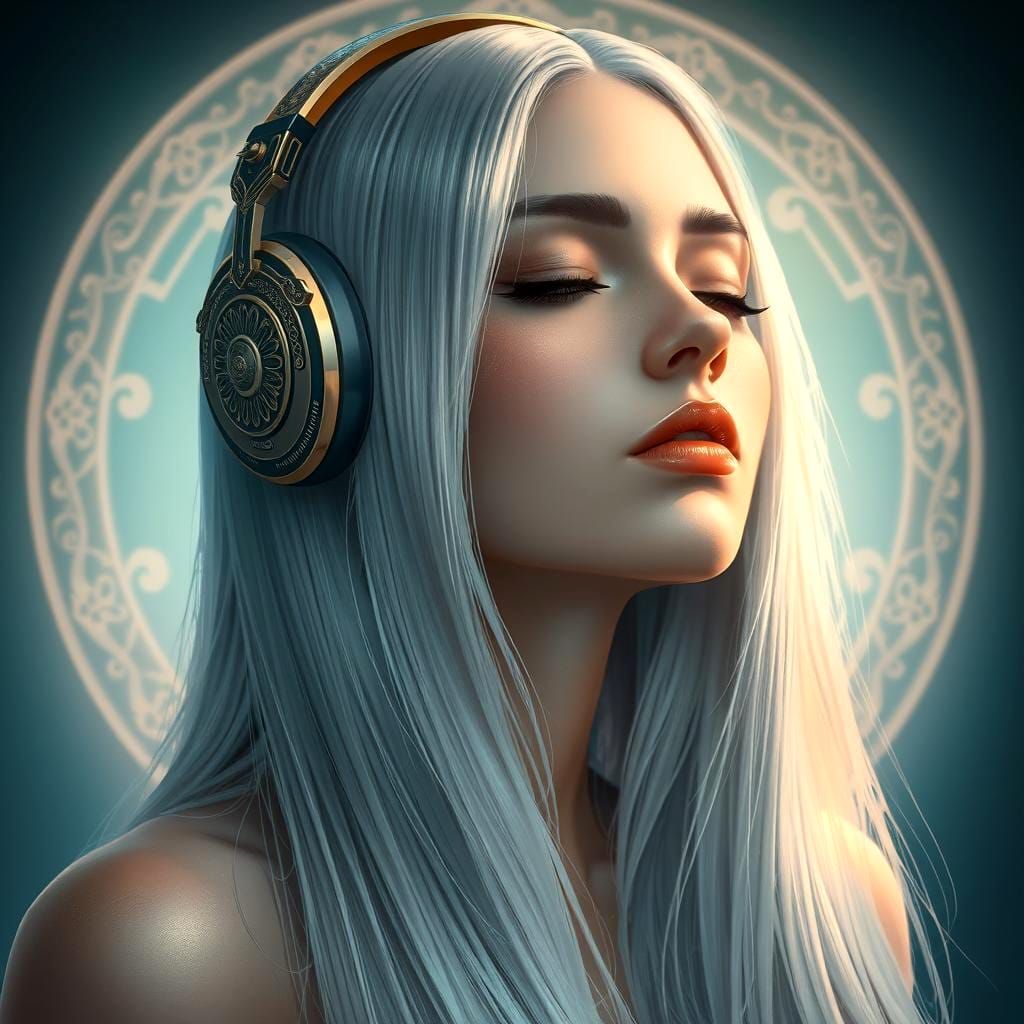 Ethereal Woman Listening to Music in Hyperdetailed Portrait