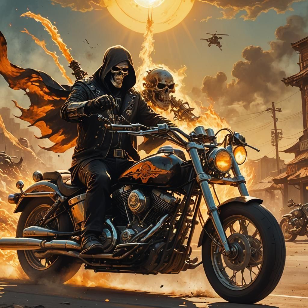 Grim Reaper Rides Motorcycle into the Sun