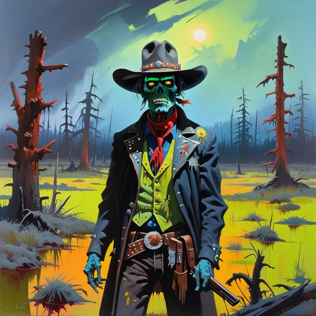 Zombie Cowboy Portrait in Eerie Bog, Oil Gouache
