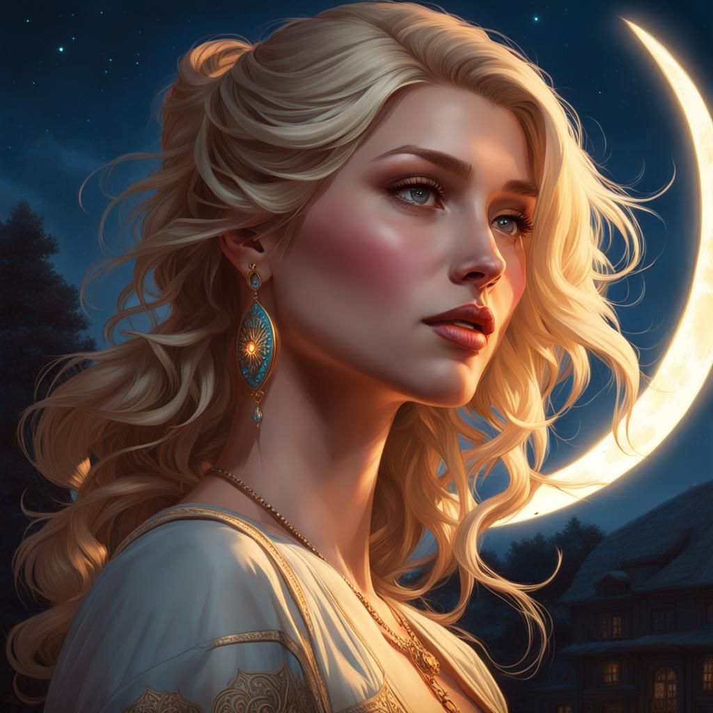 Moonlit Portrait of a Blonde Girl in Art Nouveau Style