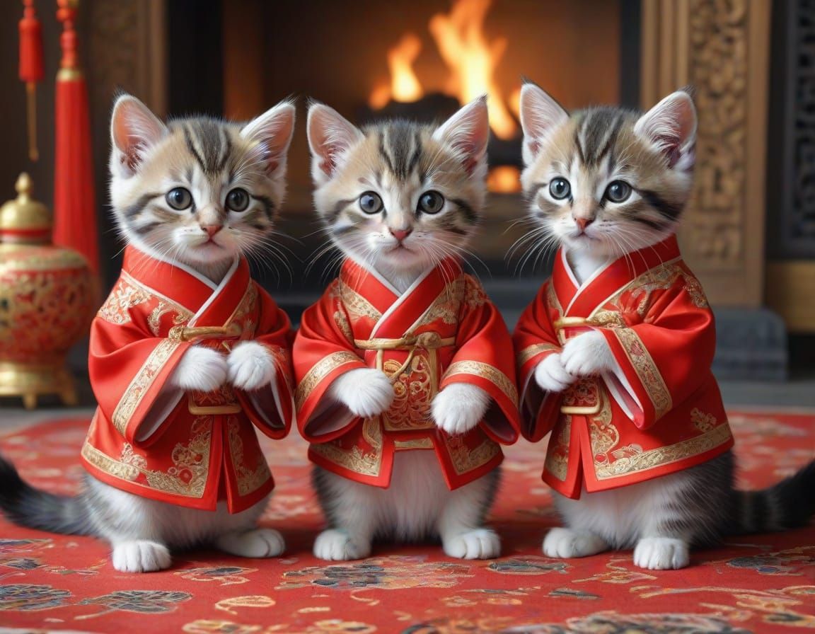 Three Adorable Kittens in Traditional Chinese Attire