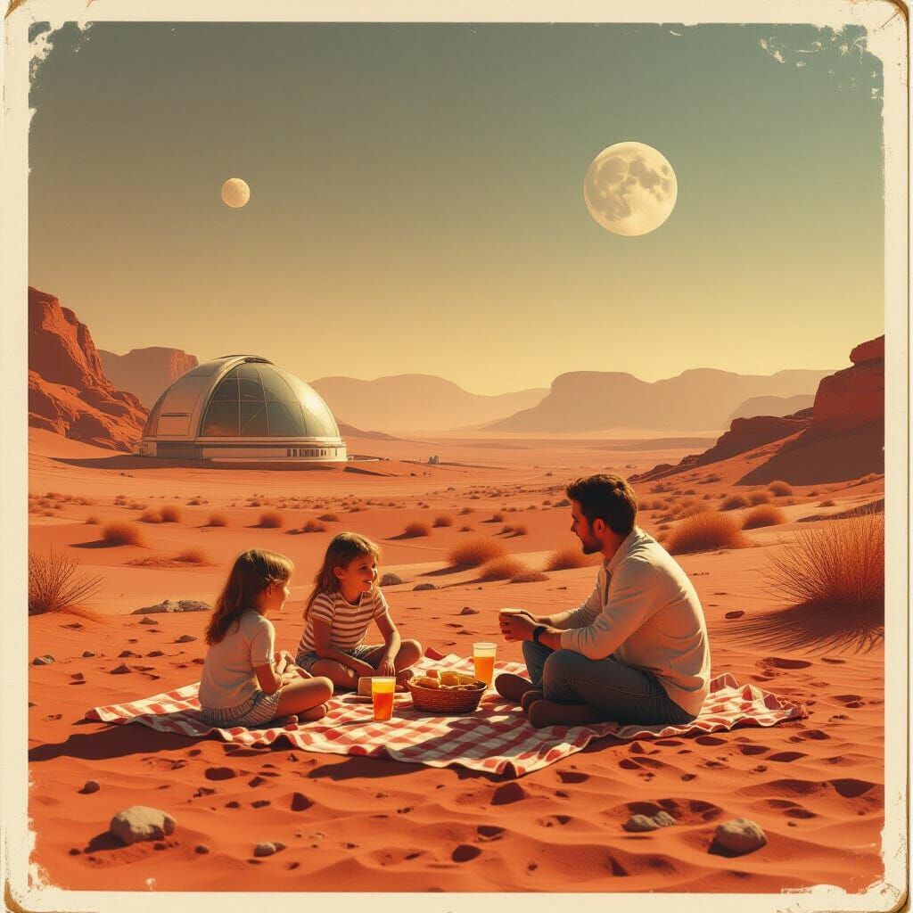 Hopeful Family Picnic on Terraformed Mars in Polaroid Style