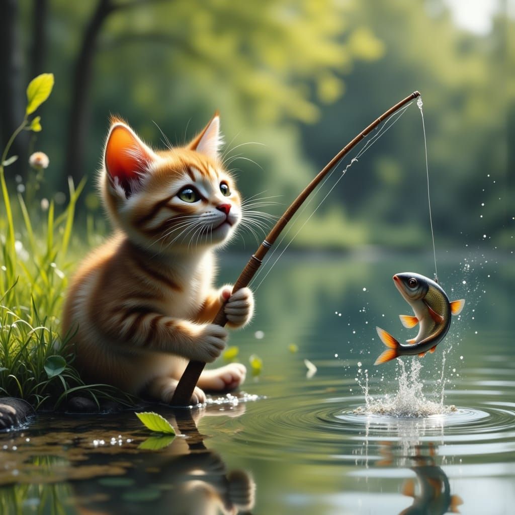 Cat Fishing in Pond: Whimsical Oil Painting