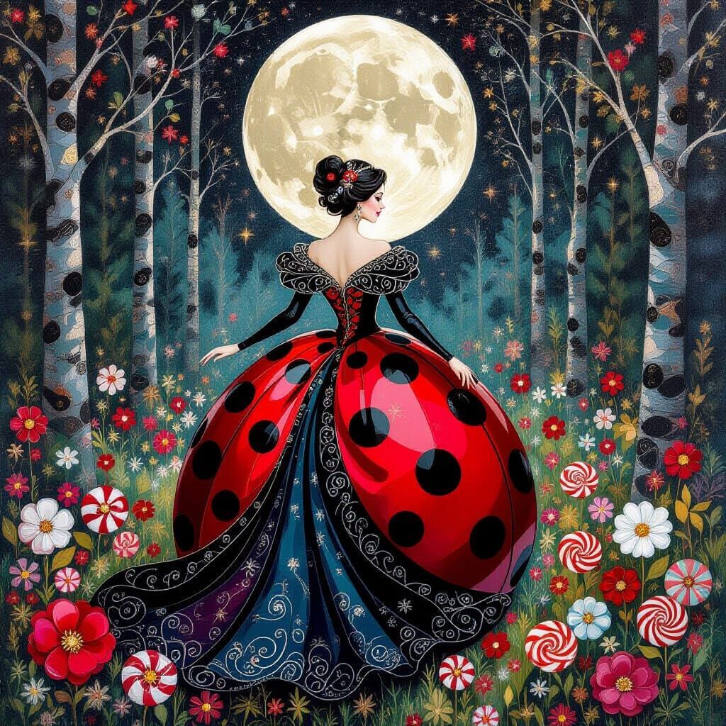 Klimt-Inspired Christmas Ladybug in Candy Forest
