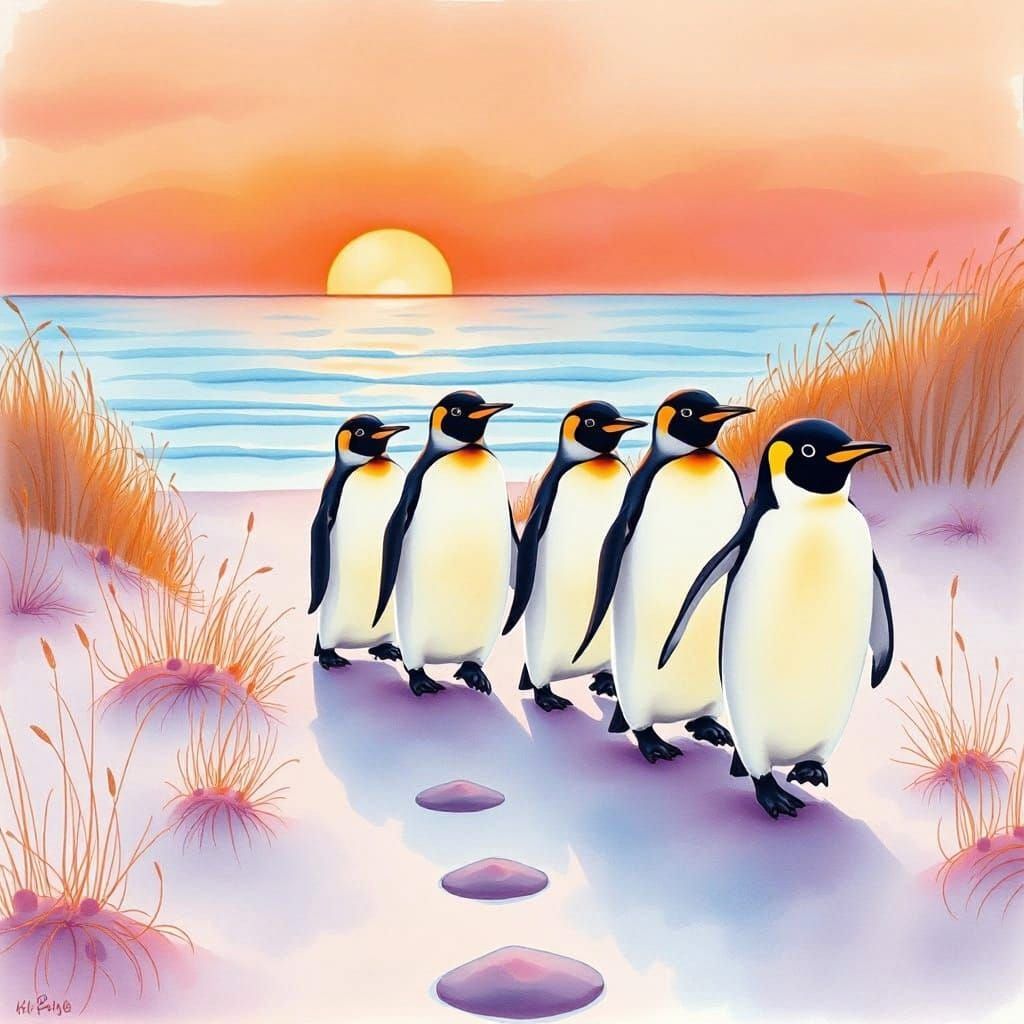 Penguins Parade at Sunset in Watercolor Style