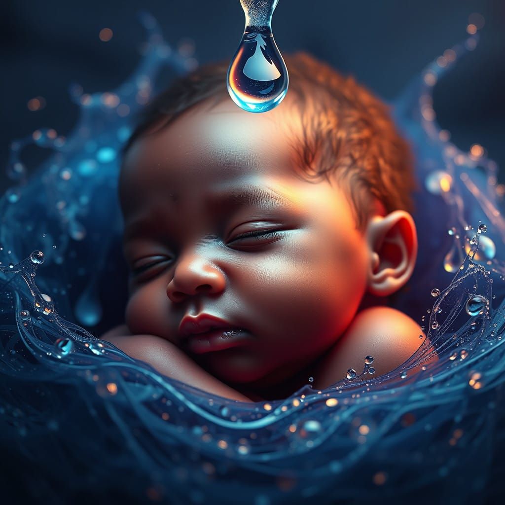 Magical Baby Emerges from Sapphire Raindrop in Vibrant Fanta...