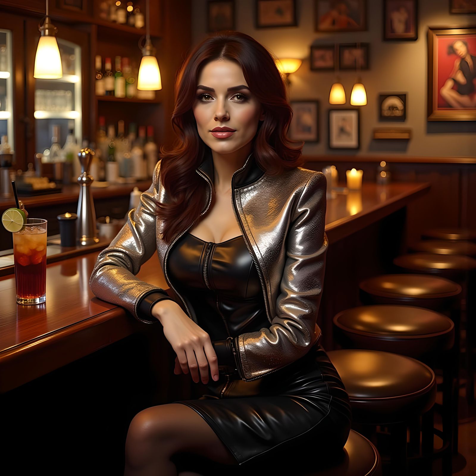 Woman in Silver Bodystocking at Bar