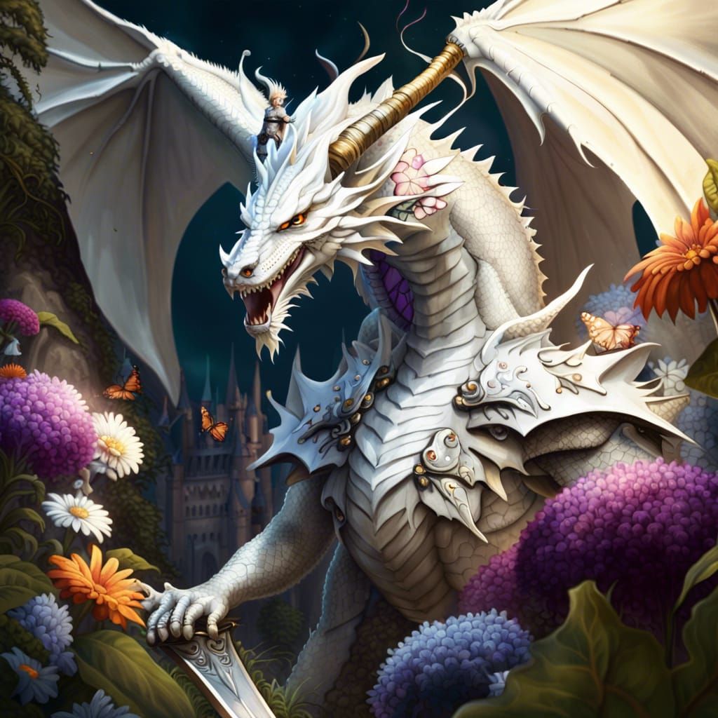 White Dragon, Knight, and Fairies Fantasy Art
