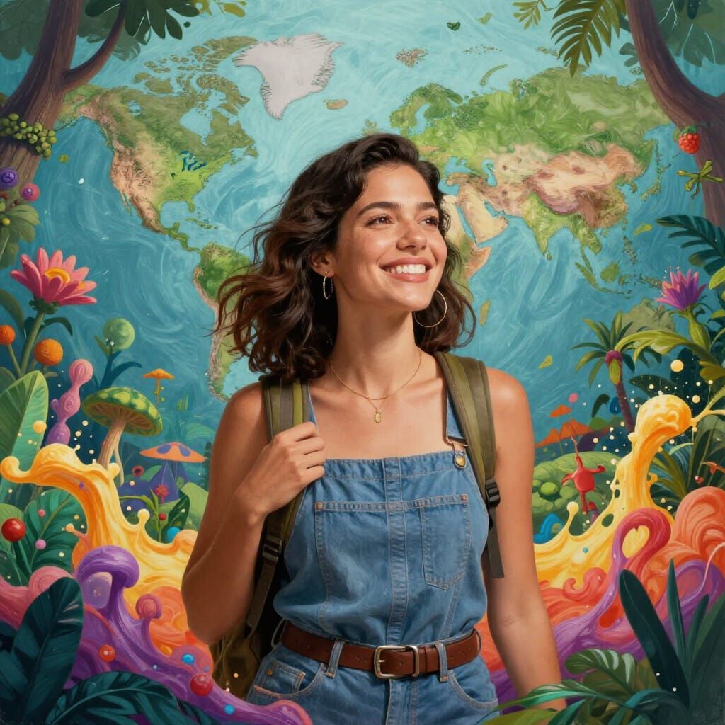 Radiant Woman Traveling and Connecting in Lush Fantasy World