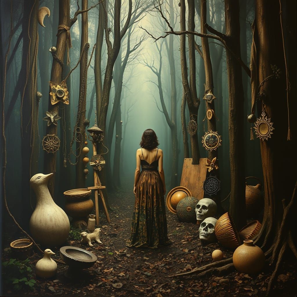 Mystical Forest Woman in Mixed-Media Assemblage