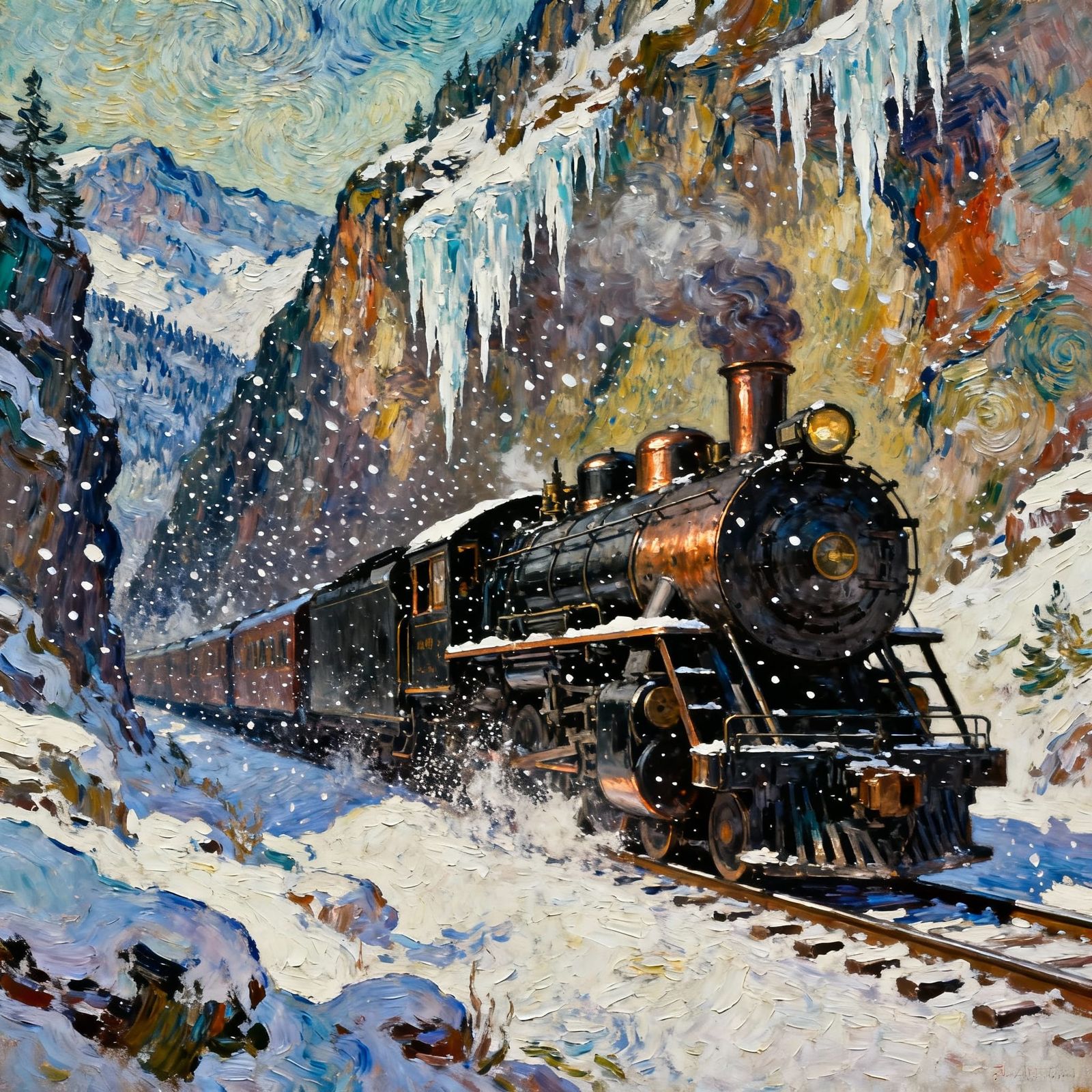 Vintage Steam Train in Snowy Mountain Pass