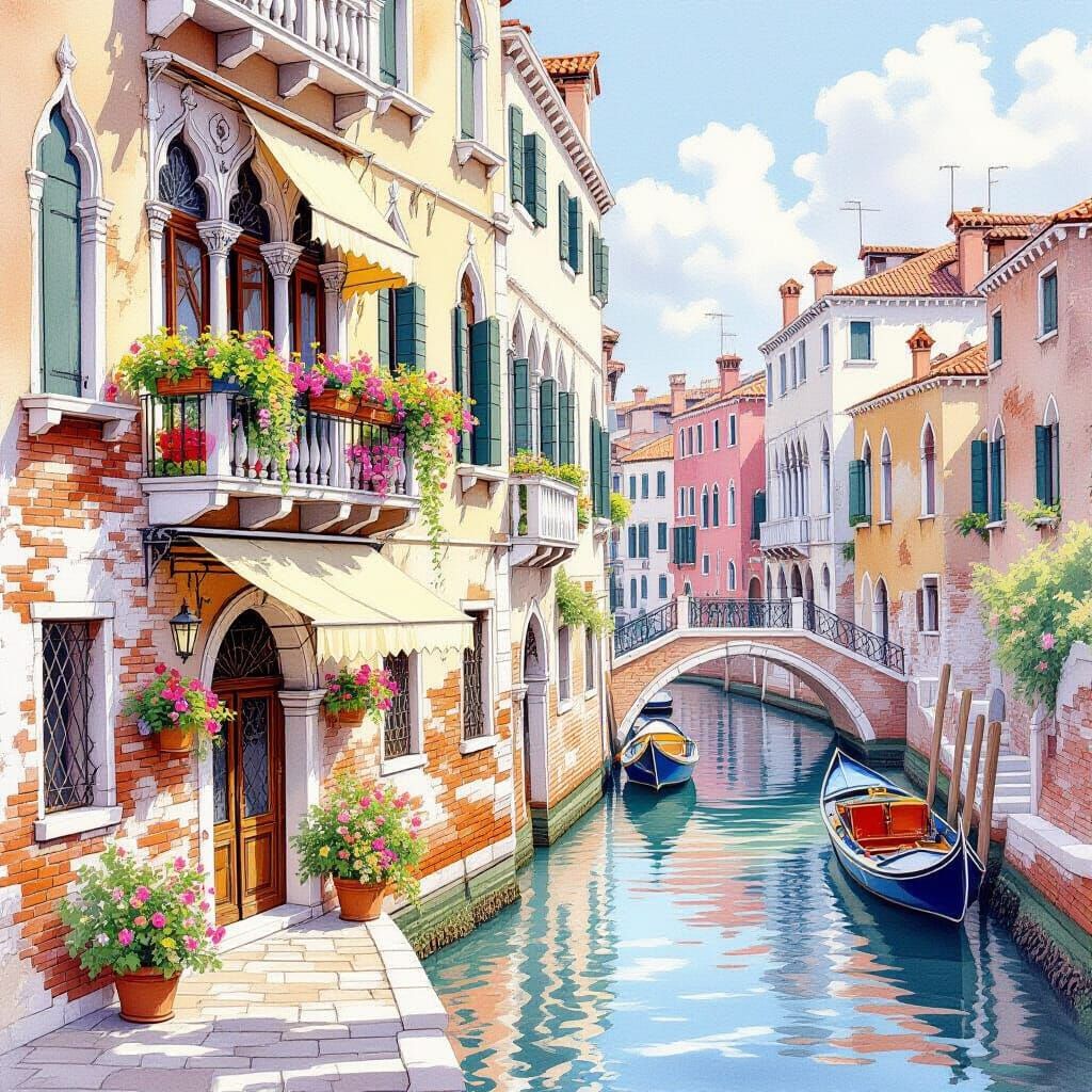Venetian House with Canal in Watercolor Style