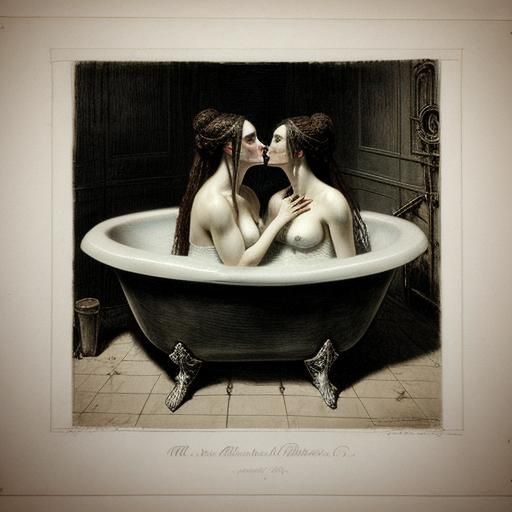 Two goth girls kissing each other in a bathtub