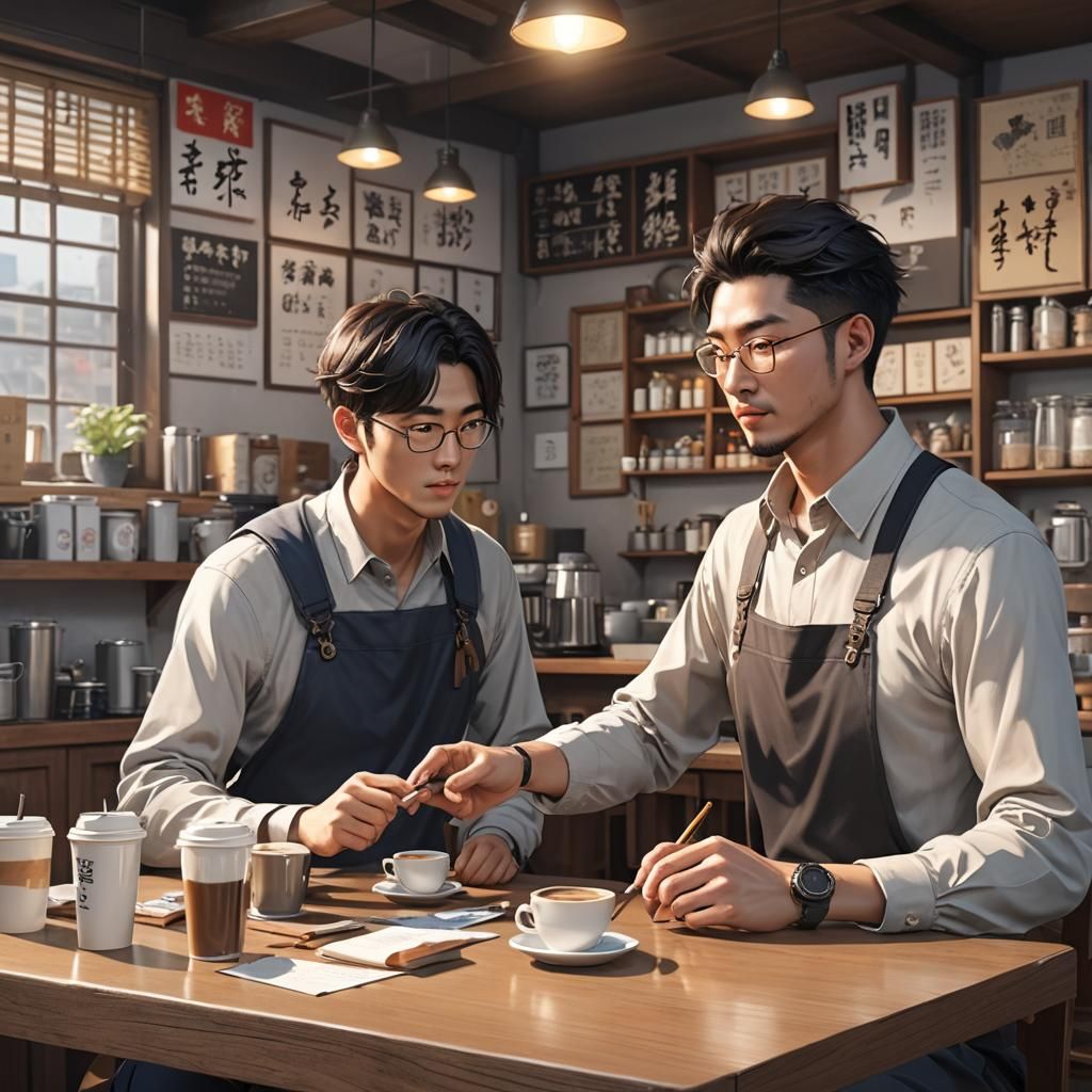Coffee Shop Scene: English Teacher, Anime Art