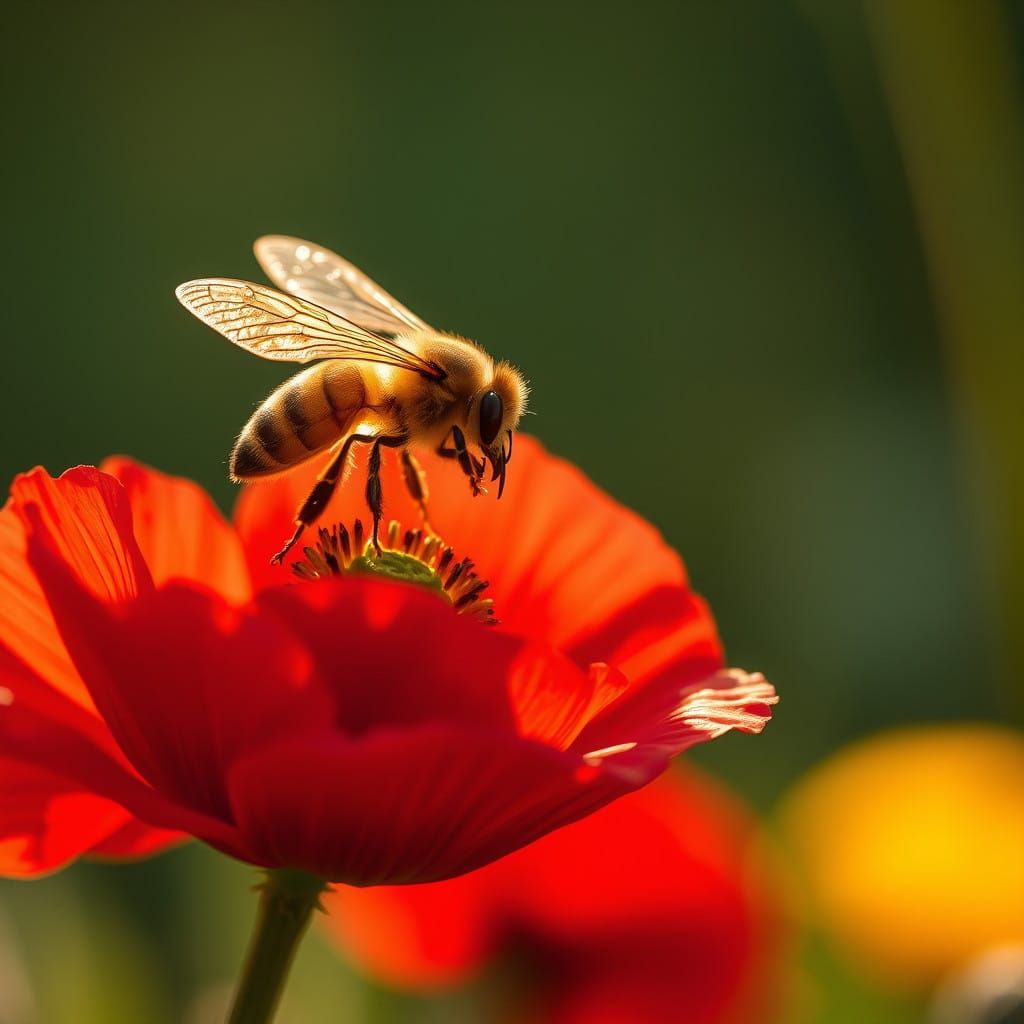 Golden Bee in Vibrant Poppy Field