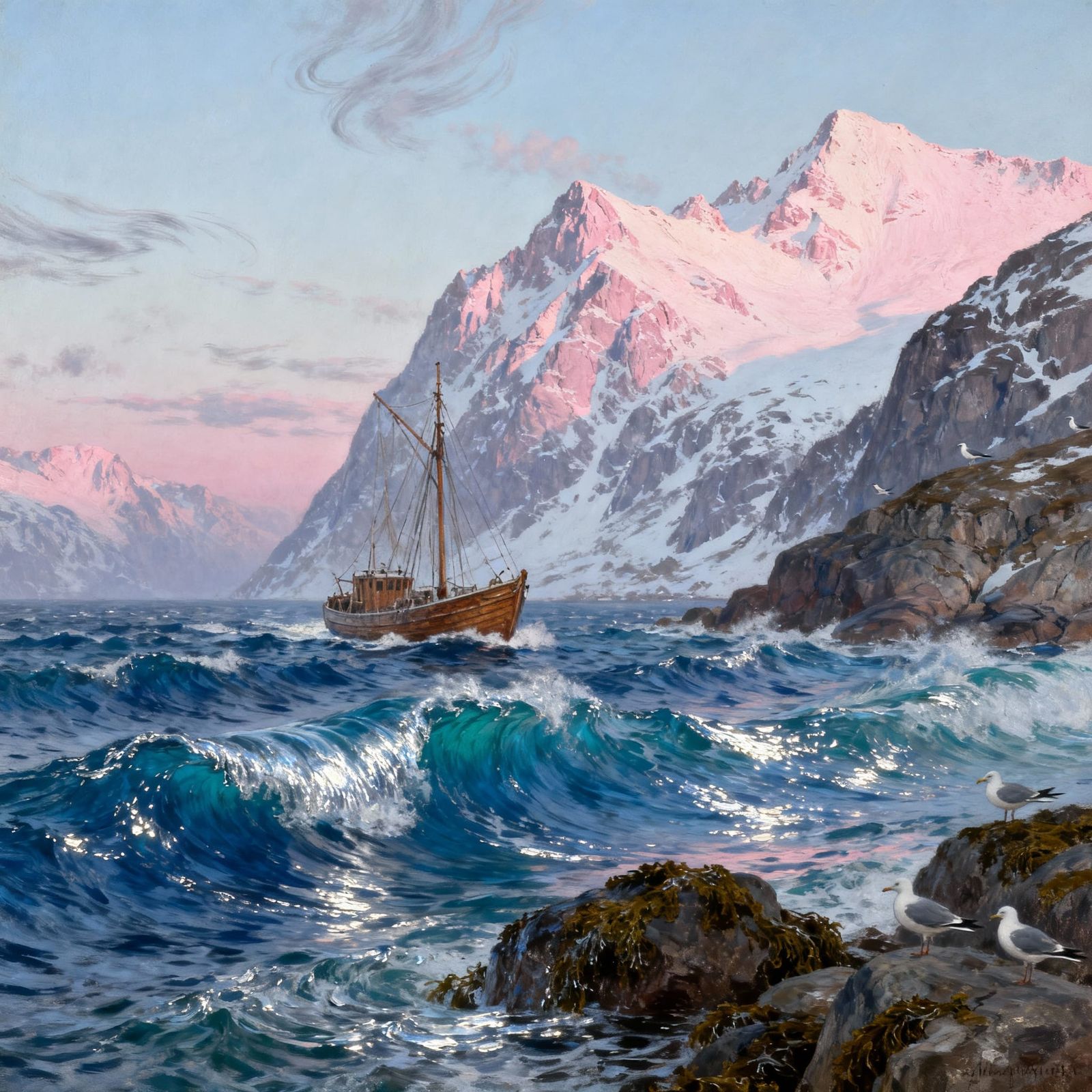 Fishing Boat on Arctic Waves, Oil Painting Style