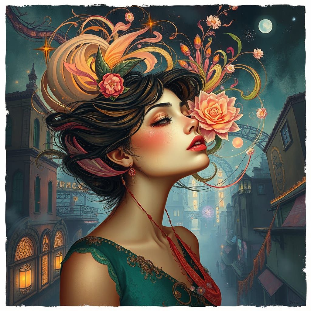 Dreamlike Woman in Retro-Futuristic Cityscape