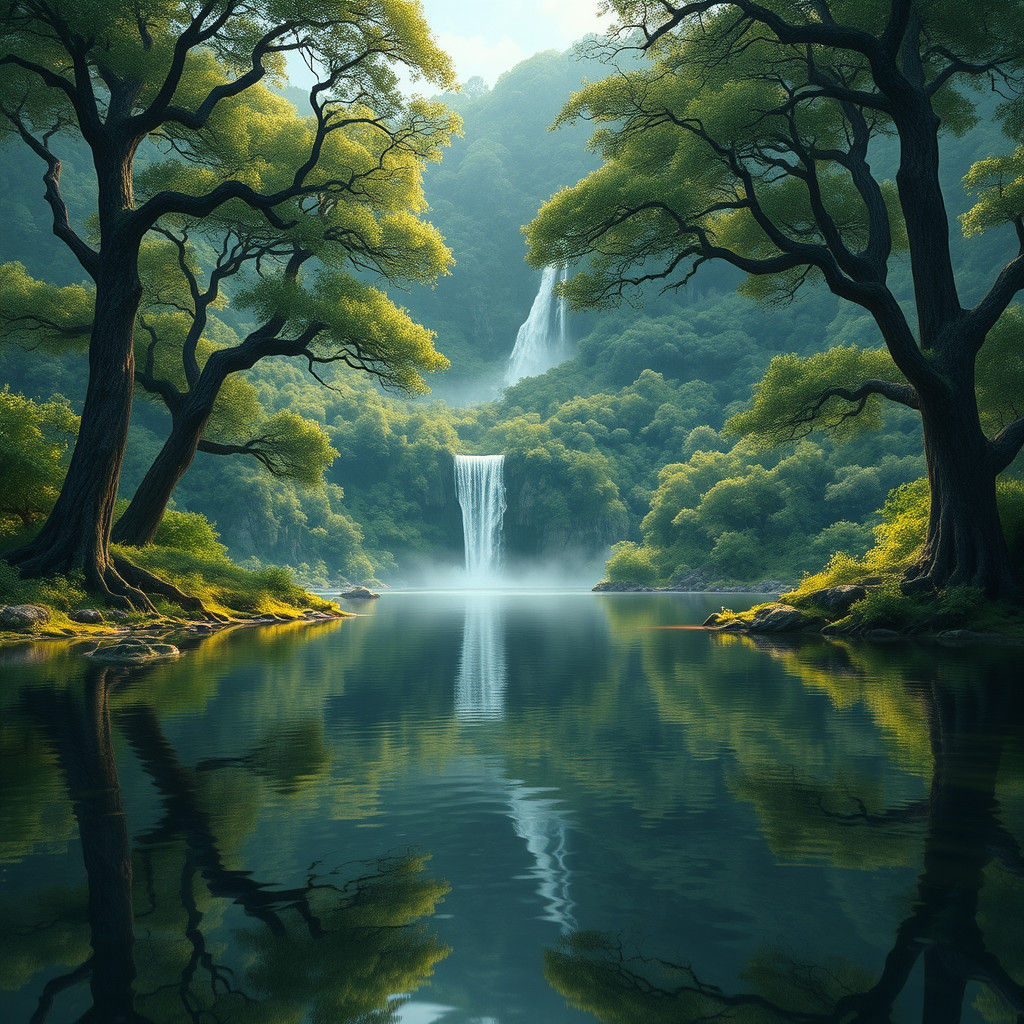 Lush Valley Lake with Waterfall in Dreamlike Style