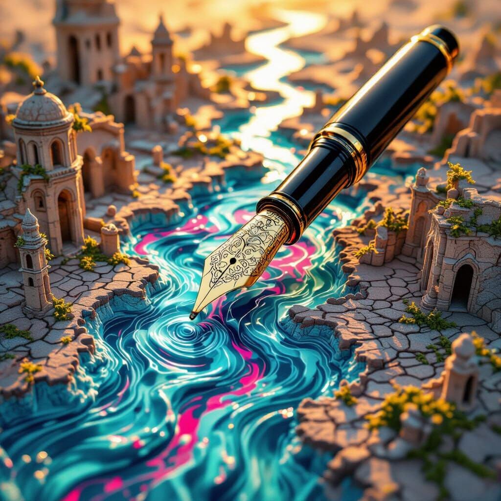 Hyperrealistic Fountain Pen Nib Dissolving Into Abstract Ink