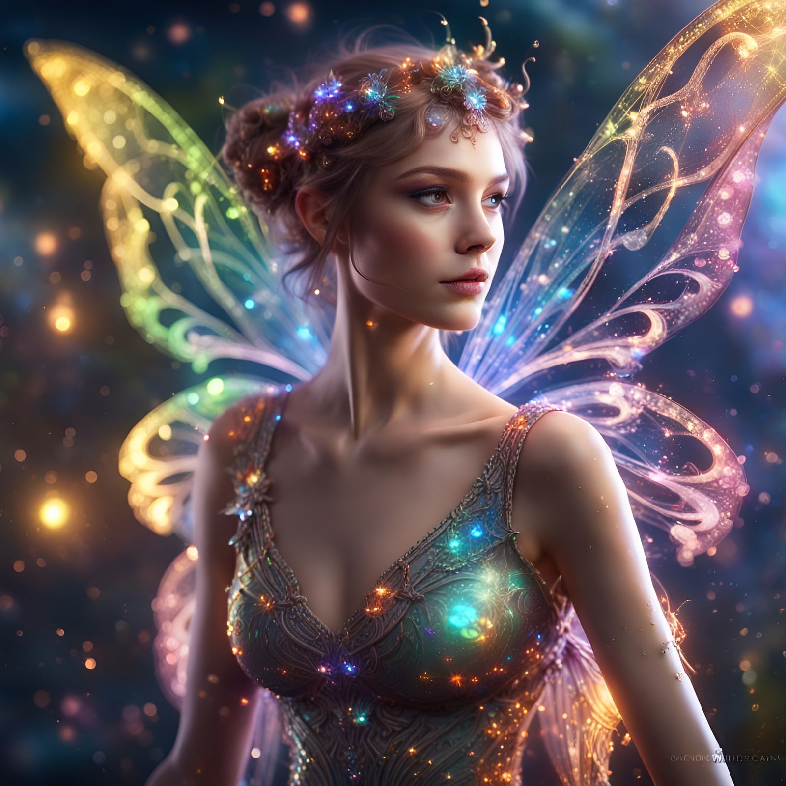Fairy with Holographic Dress in Detailed Digital Art