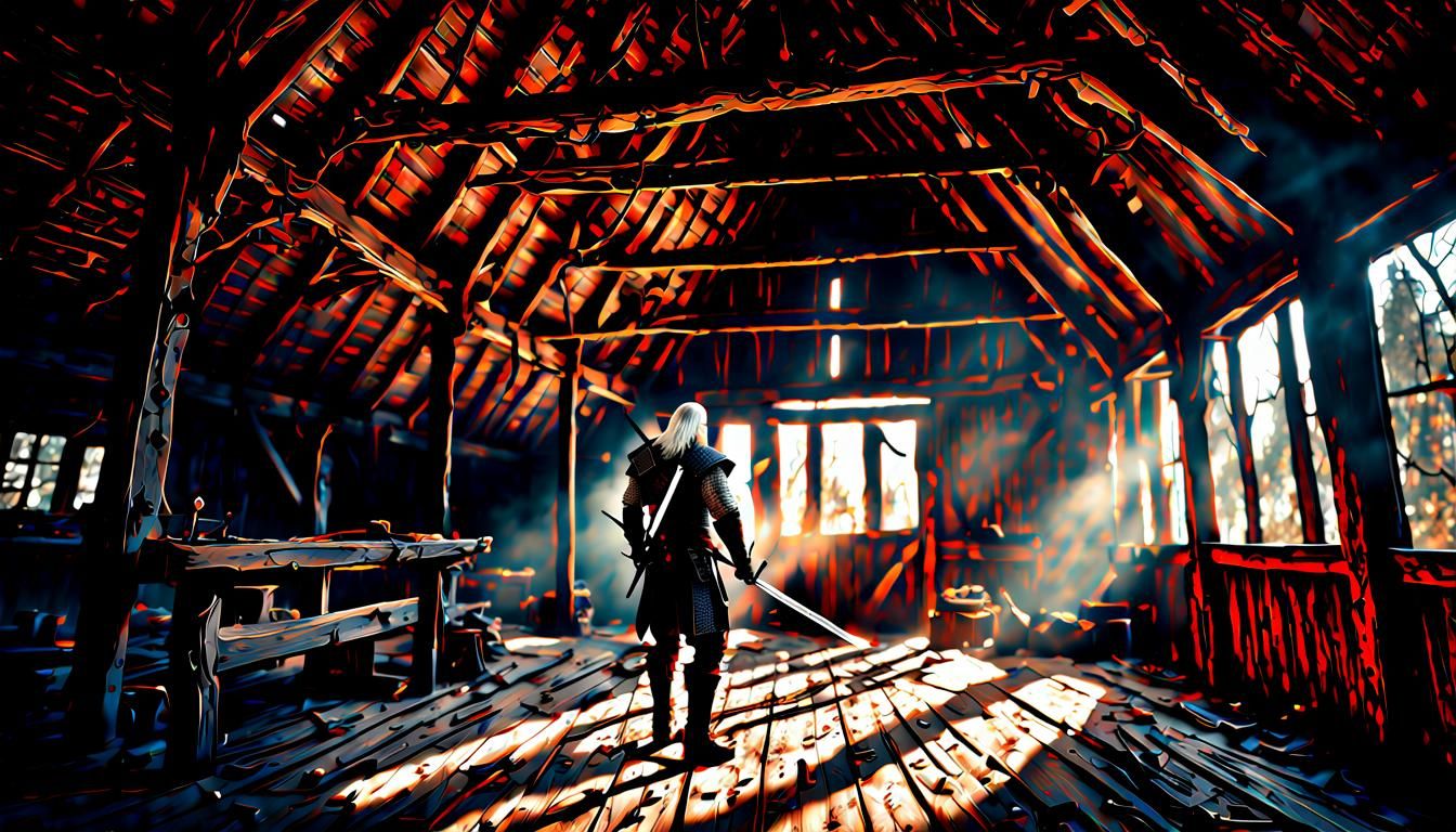 Witcher vs Vampire in Old Barn: Hyperrealistic HDR