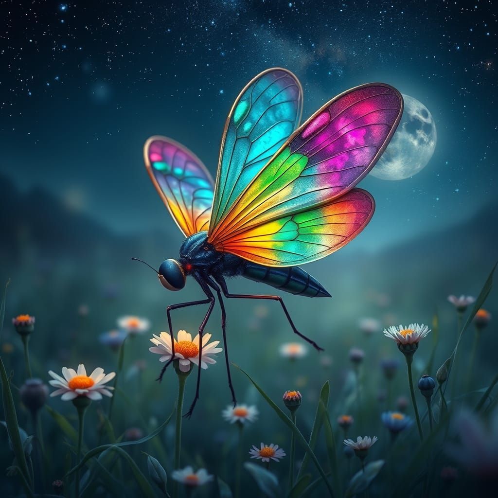 Multicoloured Firefly in Moonlit Meadow, Ethereal Fantasy Ar...