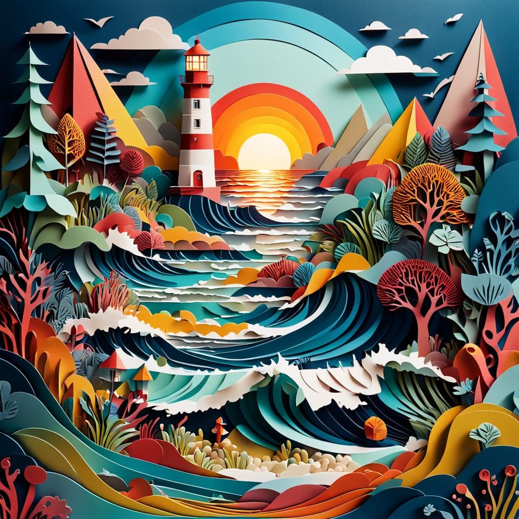 Colorful Paper Lighthouse Seascape Media Collage