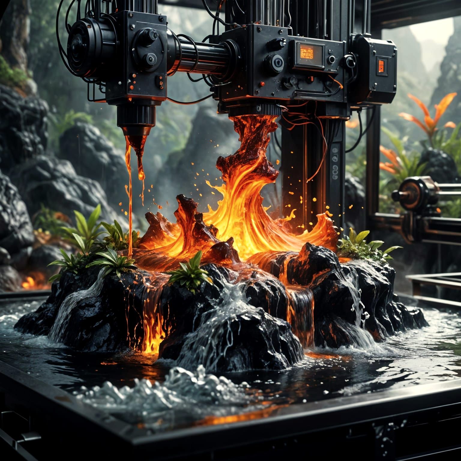 Surreal 3D Printer Scene with Vast, Lush Jungle World