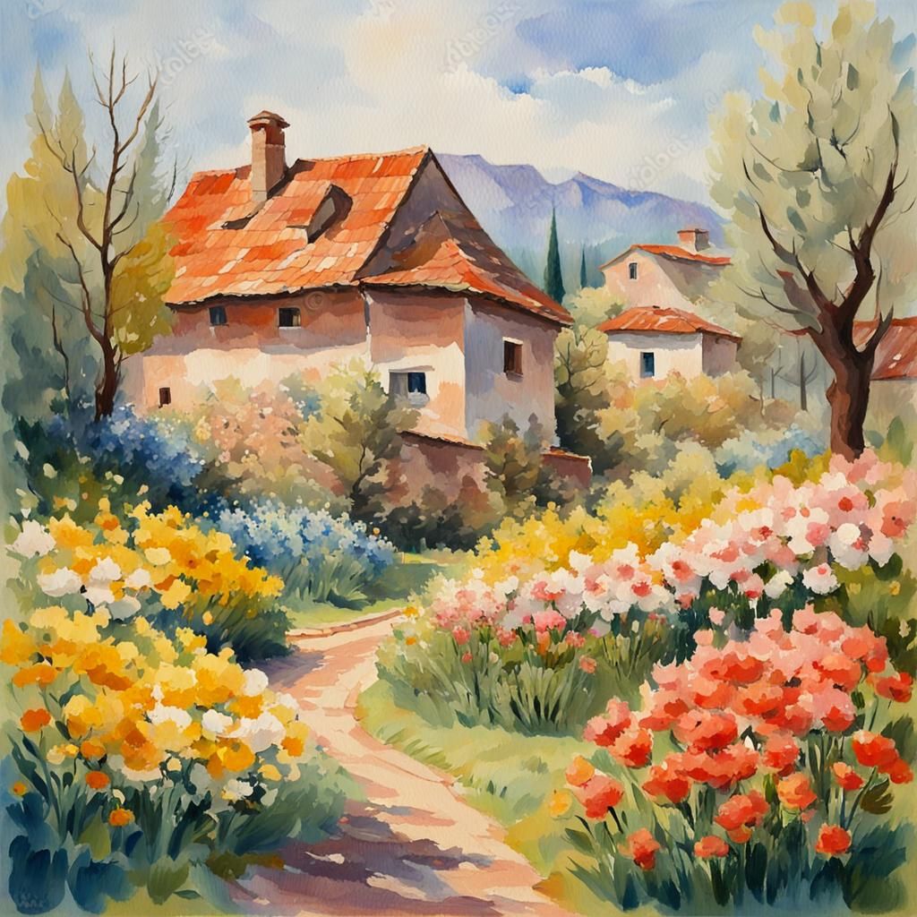 Charming Village Scene in Gouache Watercolor Style