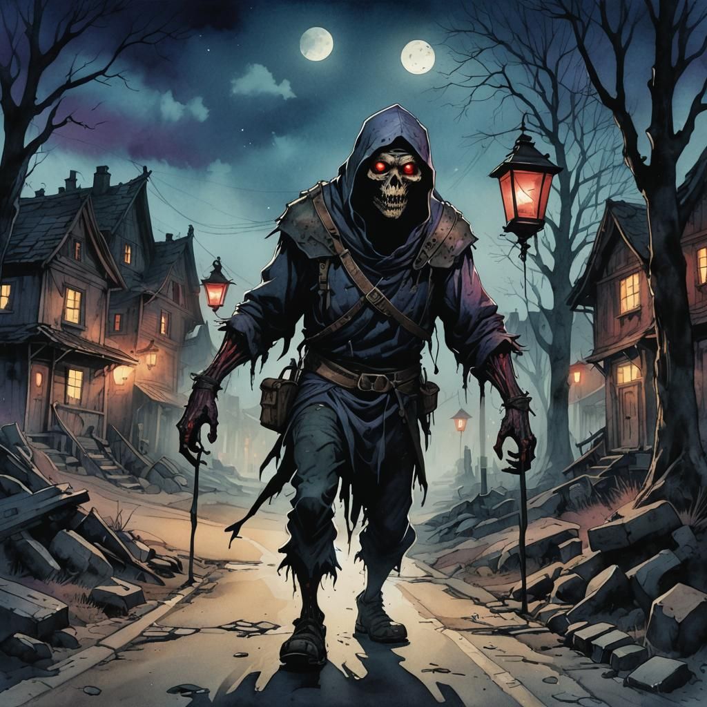 Grotesque Creature Prowls Dark Village Street, Watercolor