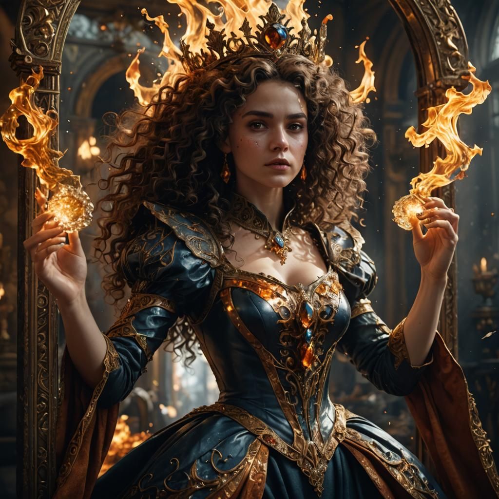 Brunette Queen Reaching Through Mirror with Flames