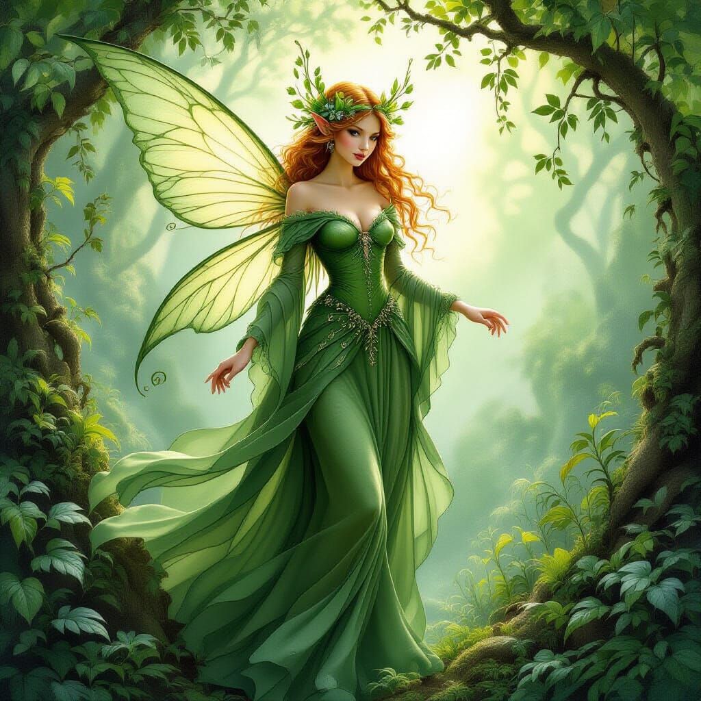 Ethereal Earth Fairy in Lush Foliage
