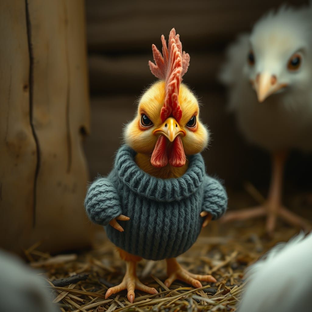 Grumpy Baby Chicken in Sweater, Whimsical Digital Art
