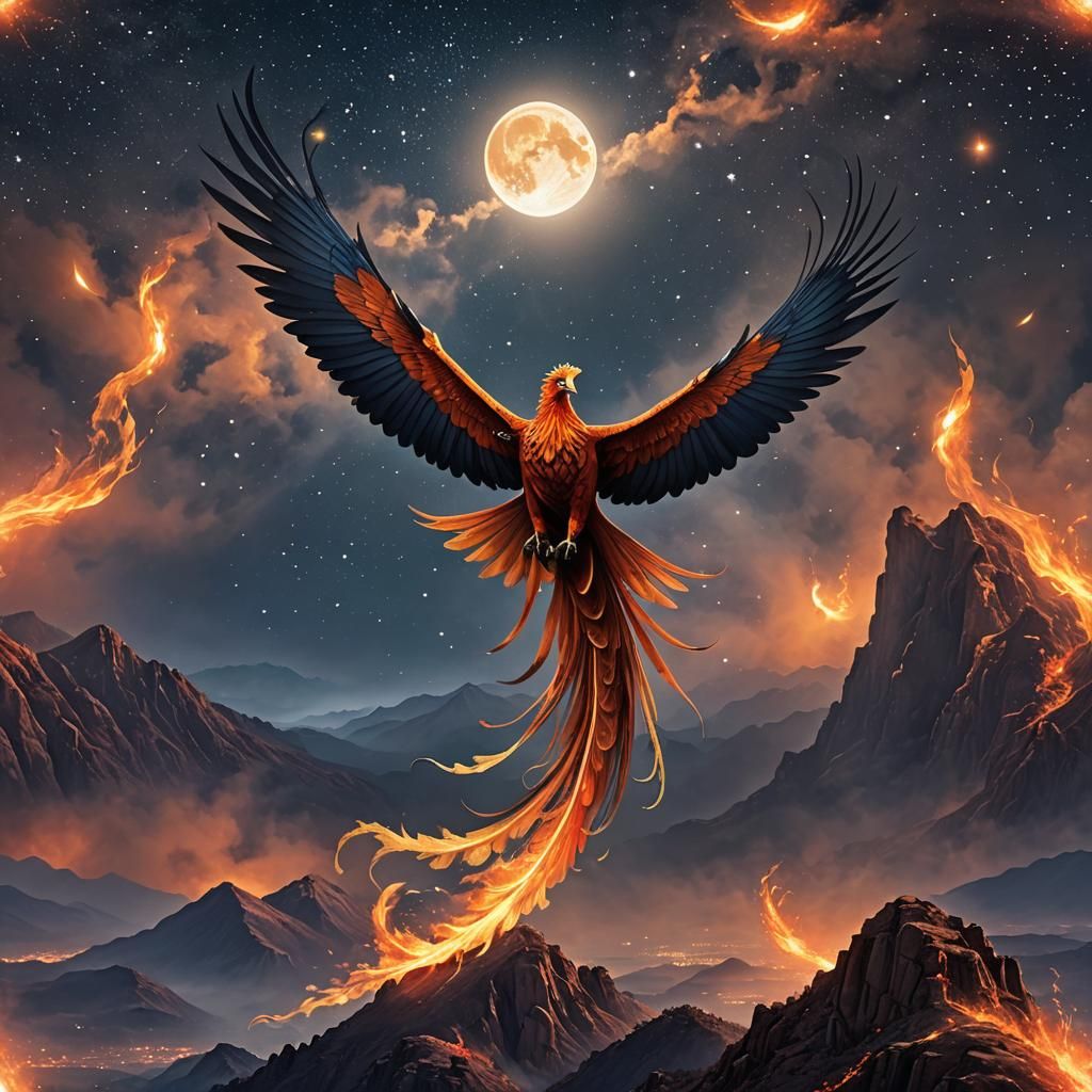 Fiery Phoenix Flying Through Starry Night Sky