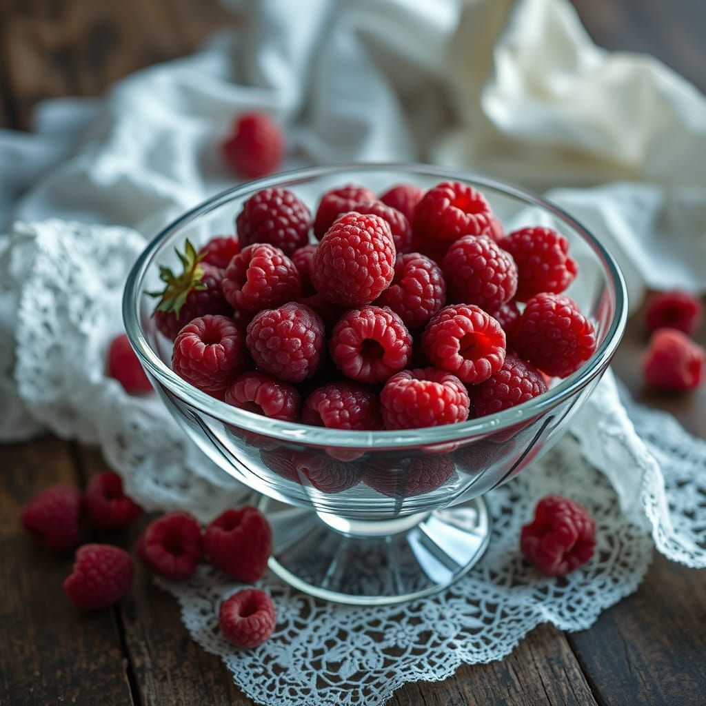 Hyperrealistic Glass Bowl with Fresh Raspberries and Delicat...