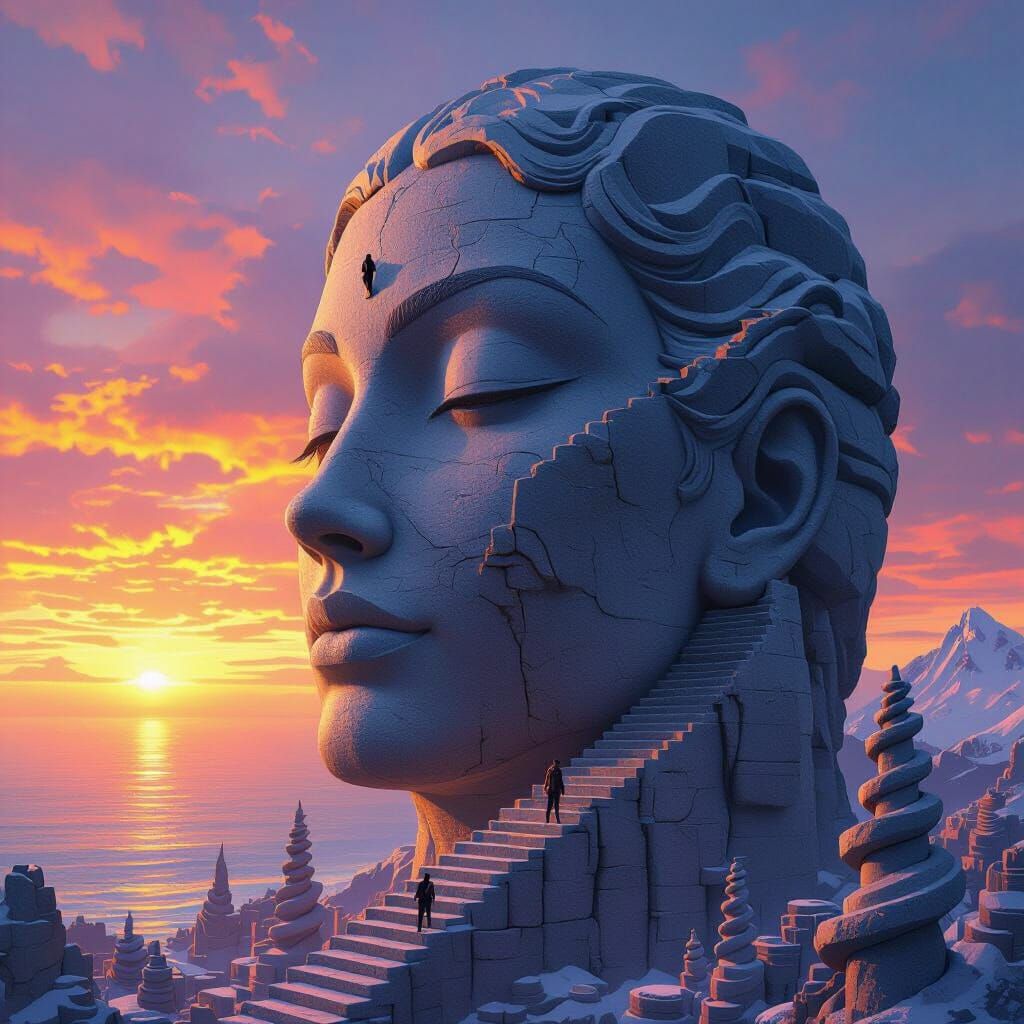 Stone Woman Face with Stairway in a Sunset City
