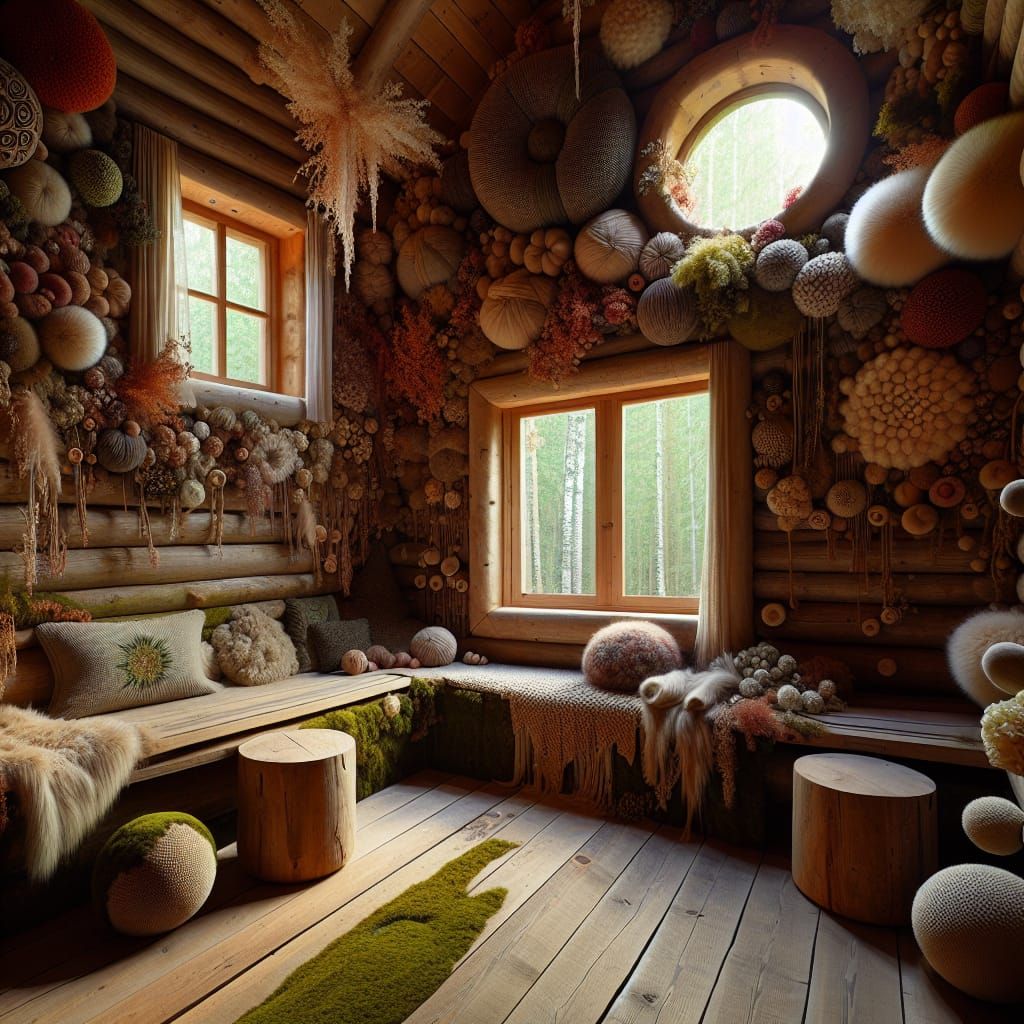 Cozy Forest Cabin Interior with Botanical Accents