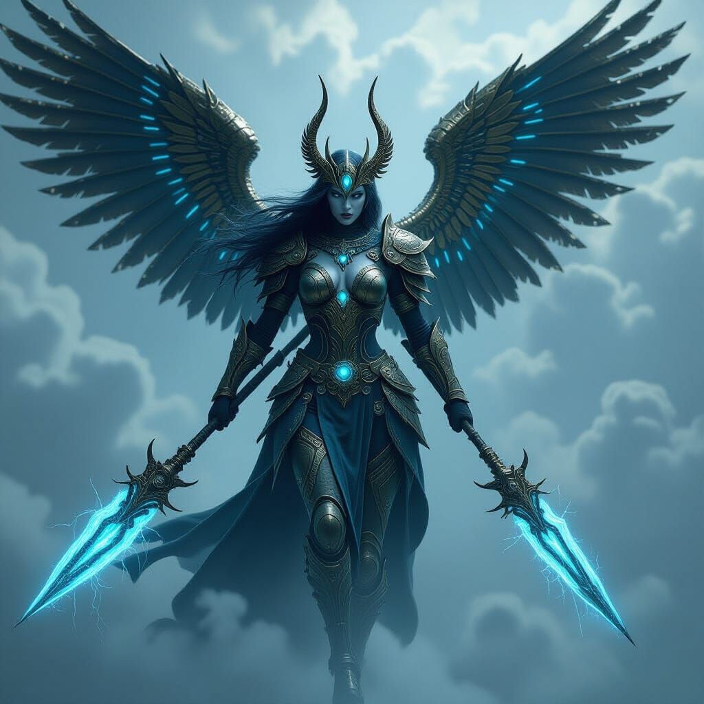 Biomechanical Valkyrie Descends with Runic Armor and Gear Wi...