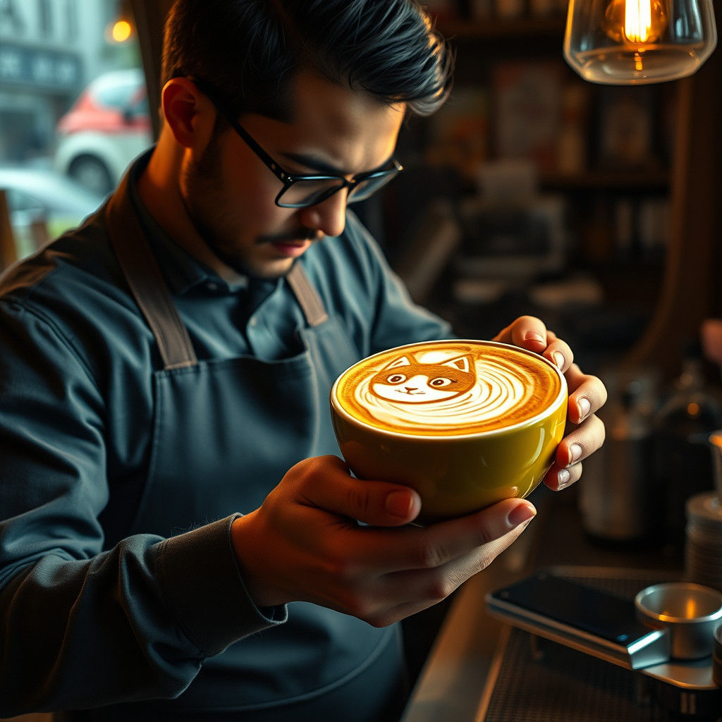 Cat Latte Art in a Coffee Shop, Fantasy Realism