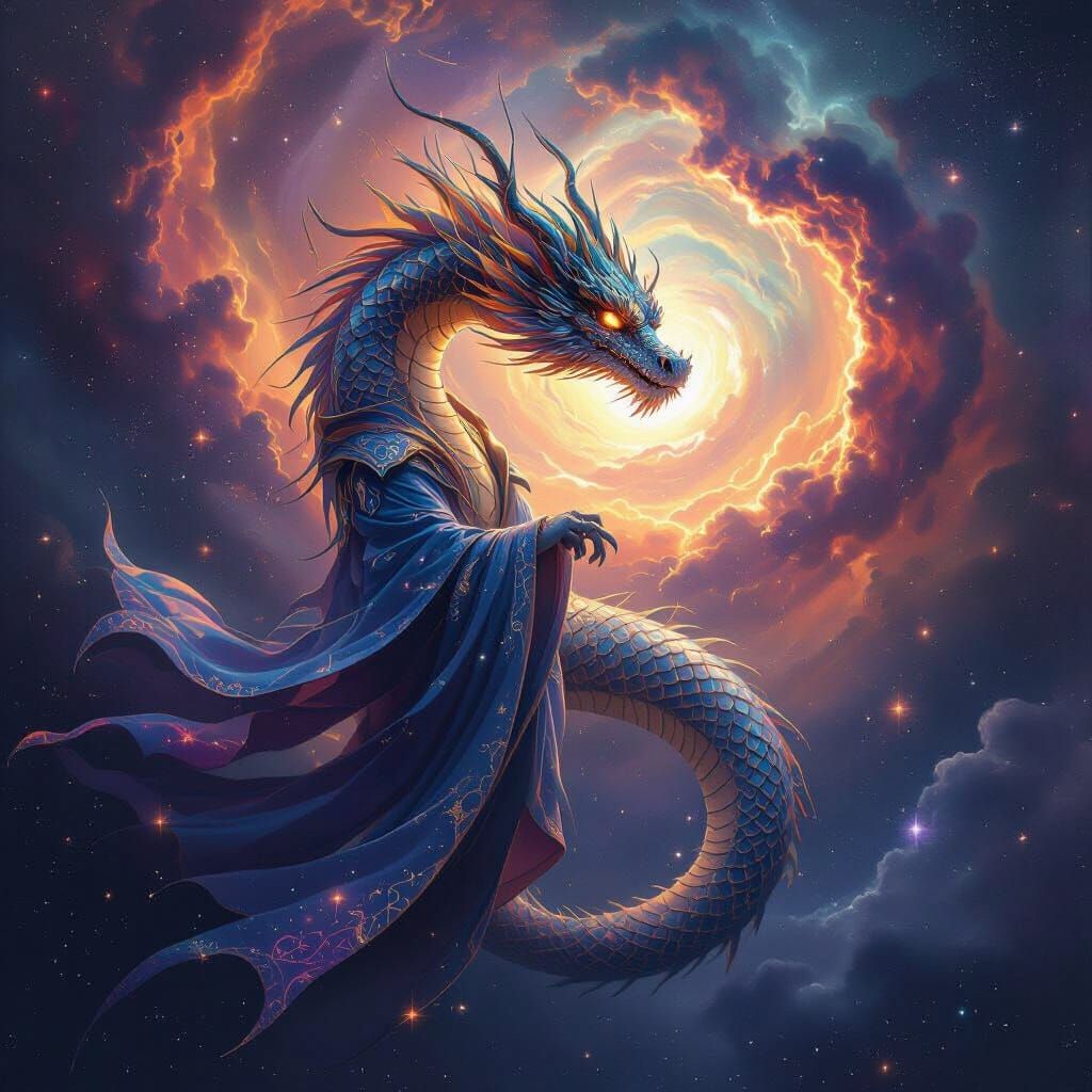 Celestial Dragon Spiraling Around Nebula, Matte Painting